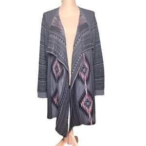 One World Size 1X Blue Aztec Southwestern Open Waterfall Cardigan Sweater Boho